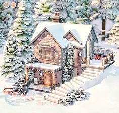 a drawing of a house in the snow with stairs leading up to it's front door