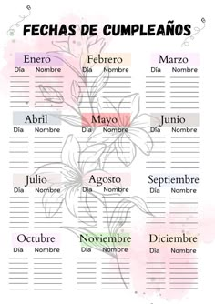 the spanish calendar with flowers and names for each month in spanish, english and french