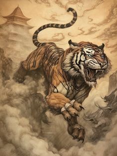 a painting of a tiger running through the clouds