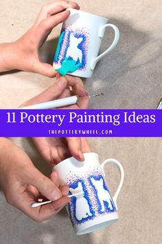 two hands holding mugs with the words 11 pottery painting ideas painted on them in blue and white