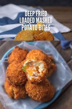 deep fried loaded mashed potato bites on a plate with text overlay that reads deep fried loaded mashed potato bites