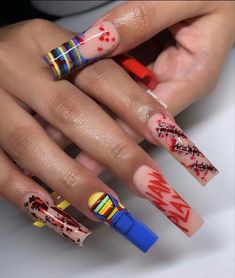 Long Acrylic Nail Designs, Hard Nails, Nail Art Trends, Colored Acrylic Nails, Nails Design With Rhinestones