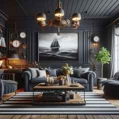 a living room with two couches, a coffee table and clocks on the wall