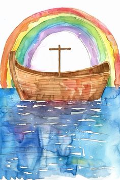 a watercolor painting of a boat with a rainbow in the background and a cross on it