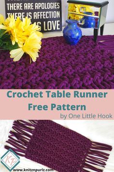 crochet table runner free pattern by one little hook with text overlay