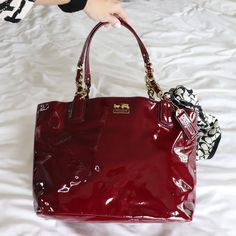 Coach Women's Tote Purse Zip-Top Closure, Fabric Lining Inside Zip Pocket Outside Is Deep Burgundy With Gold Accents On Handles; Inside Beautiful Gold Good Condition With Minor Blemishes On Side, Excellent Condition On The Inside Dimension: 13" (L) X 10 (H) Burgundy Satchel With Handles For Shopping, Designer Burgundy Bag With Handles, Burgundy Top Handle Shopping Bag, Designer Burgundy Shopping Bag, Designer Burgundy Bag For Shopping, Chic Burgundy Tote Bag, Burgundy Bags With Detachable Handle For Shopping, Luxury Burgundy Coach Bag, Designer Burgundy Shoulder Bag For Shopping