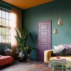 A purple five-panel interior door in a turquoise room with a yellow ceiling and wood floors Purple Interior Door, 5 Panel Interior Doors, Smart Door, Buying Process