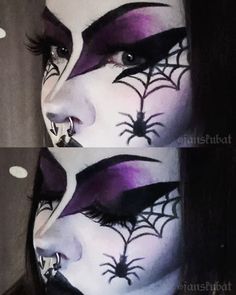 basic trad goth eye makeup look inspo, gothic inspiration, alt, alternative, black and white makeup, fake eyelashes, aesthetic, purple eyeshadow, big eyeliner, nose and cheek contour, halloween, spider, spiderweb, cobweb, septum nose piercing, black lipstick Goth Halloween Makeup Looks, Purple Trad Goth Makeup, Goth Skeleton Makeup, Witchy Goth Makeup, Alt Halloween Makeup, Goth Nose Contour, Modern Goth Makeup, Heavy Goth Makeup, Goth Face Paint