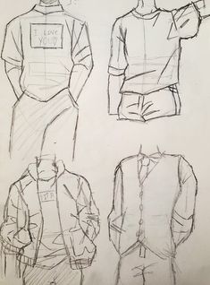 three sketches of men's clothing, one in the front and one in the back