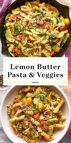 lemon butter pasta and veggies in a skillet with the title above it