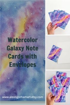 watercolor galaxy note cards with envelopes and instructions to make them look like they are floating in space