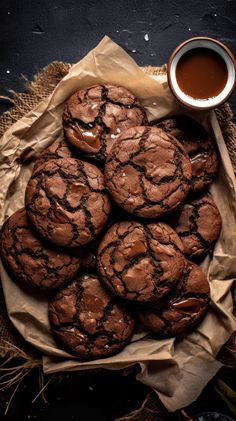 chocolate cookies on a plate with a cup of coffee