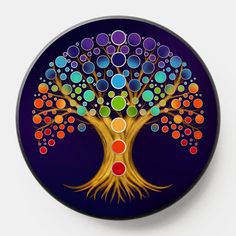 a colorful tree on a blue background with circles