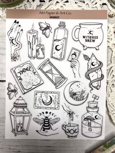 a sheet of stickers with different items on it and the words witch's brew