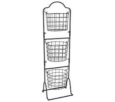 three tiered metal basket rack with two baskets on each side and one hanging from the top