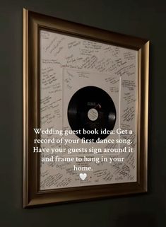 a wedding guest book idea gets record of your first dance song have your guests sign around it and frame to hang in your home