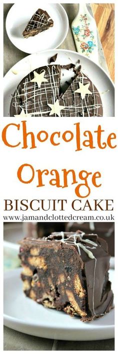 chocolate orange biscuit cake on a plate with text overlay that reads, chocolate orange biscuit cake