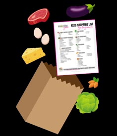 an open shopping bag with vegetables, meats and cheese on it next to a paper list