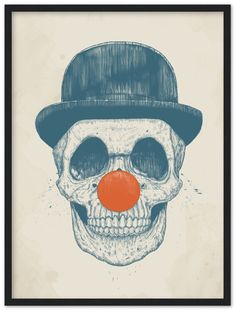 a drawing of a skull wearing a top hat with an orange nose ball in it's mouth