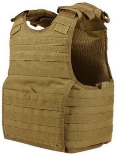 the vest is made out of tan fabric and has an open front pocket for storage