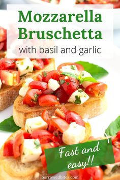 toasted bread topped with fresh tomatoes and mozzarella bruschetta on a white plate