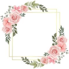 a square frame with pink roses and green leaves on the edges, in front of a white background