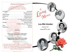 a funeral program with pictures of people and a rose