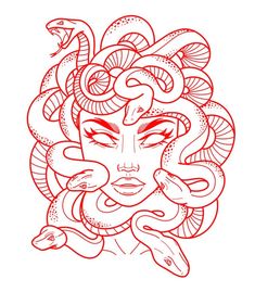 a drawing of a woman's face with snakes around her head