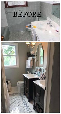 before and after photos of a bathroom remodel with white tile floors, black cabinets, and gray walls