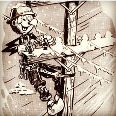 a drawing of a cartoon character on a telephone pole with an electric line in the background