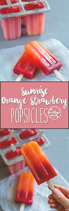 orange strawberry popsicles on a tray with the title above it