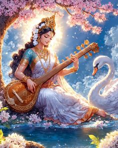 a woman sitting on the ground playing a ukulele next to a swan and tree