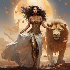 a beautiful woman standing next to a lion in front of a sun filled sky with leaves