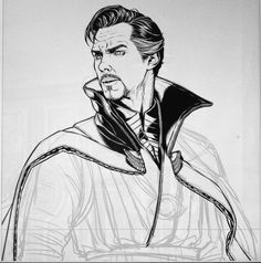 a black and white drawing of a man wearing a coat with a scarf around his neck