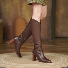 Looking for a stylish and comfortable pair of brown leather boots? Look no further than our knee-high block heel boots! Made from premium quality leather. these boots are perfect for stylish women who want to add a touch of chic to their outfit.  Upper: 100% Leather ... Brown Faux Leather Knee-high Boots For Winter, Winter Knee-high Brown Platform Boots, Winter Brown Knee-high Platform Boots, Brown Knee-high Boots For Fall, Brown Faux Leather Platform Boots For Work, Leather Knee-length Platform Boots For Fall, Knee-length Leather Platform Boots For Fall, Brown Wide Calf Knee-high Boots, Trendy Leather Knee-high Boots For Fall