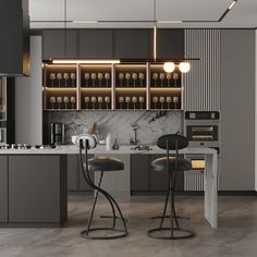 a modern kitchen with marble counter tops and bar stools