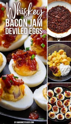 deviled eggs with bacon jam and other toppings are shown in this collage