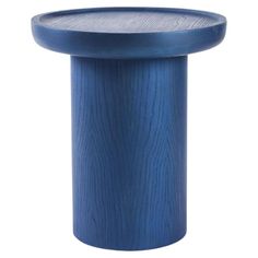 a blue wooden table with a round top and bottom, on a white background the surface is made out of wood