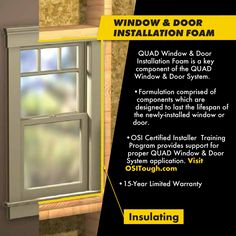 Keep Mother Nature at bay with OSI® QUAD® Foam. This single component, minimal expansion and low-pressure polyurethane foam sealant specifically designed for use with the OSI QUAD Window and Door System or caulking and sealing gaps and cracks, holes and voids around exterior windows and doors. OSI QUAD Foam (1866185) features a flexible closed-cell structure that blocks out air and water without cracking or drying out and provides an R factor of 5 per inch of cured foam for maximizing energy eff Spray Foam Insulation, Cell Structure, Foam Packaging, Metal Containers, Spray Foam, Construction Types, Window Door, Window Installation, Door Installation