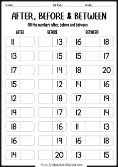 the after, before and between worksheet with numbers