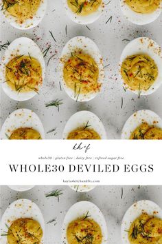 whole deviled eggs with herbs and seasoning in them on a white background text overlay reads, whole deviled eggs