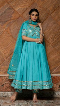 Sky Blue Anarkali Suits, Sky Blue Indian Outfits, Cotton Anarkali Suits Designer, Plain Suit Designs Indian, Anarkali Suits Designer Latest, Sky Blue Anarkali, Block Print Anarkali, Plain Suits, Cotton Anarkali Suits