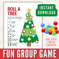 a christmas tree game is shown with the words roll a free printable for kids to play