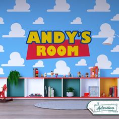 the andy's room is decorated with clouds and toys