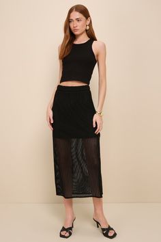 We love spending sunny days soaking up compliments in the Lulus Never-Ending Vibes Black Crochet High-Rise Midi Skirt! Loose crochet knit, atop a matching woven liner, shapes this summery skirt with an elasticized, banded waist that shapes a high-rise fit. The figure-skimming silhouette falls to a sheer lower half that finishes at a modern midi hem. Pair with your favorite crop tops for a festival-ready vibe! Fit: This garment fits true to size. Length: Mid-calf length. Size medium measures 33" Loose Crochet, Knit Midi Skirt, Girl Needs, Black Midi Skirt, Black Crochet, Knit Midi, Black Rib, Knit Skirt, Women's Summer Fashion