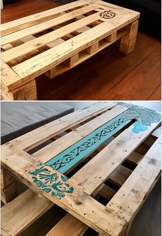 "Design a repurposed pallet furniture piece with artistic detailing. For example, a pallet coffee table with artistic carvings or painted details along the edges. The pallet should maintain its raw texture, but the design should feature intricate patterns or symbols, creating a mix of utilitarian and artistic aesthetics." Raw Texture, Classy Decor, Pallet Furniture, Intricate Patterns, Pallet Coffee Table, Recycling, Coffee Table, Carving, Texture