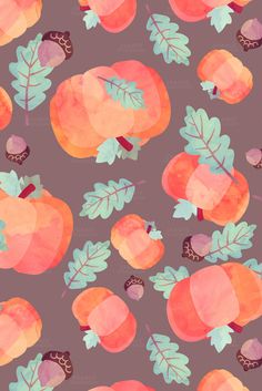 an orange and pink watercolor pattern with leaves, acorns and nuts on a purple background