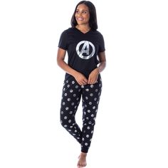 This is an OFFICIALLY LICENSED Marvel Comics Avengers pajama set!! If you're a fan of Marvel Comics and especially costume style pajamas, you're going to love this Avengers merchandise! Avengers has recently taken the world by storm, and this is your chance to show how much you love the fandom! The shirt top features a silver foil Avengers logo design with a V-neck. The Jogger pajama pants feature the same design in an all over print with cuffed legs, a drawstring that can synch to fit your size Avengers Merchandise, Avengers Logo, Marvel Clothes, Marvel Women, Silver Foil, Shirt Top, Marvel Comics, Outfit Sets, Pajama Set