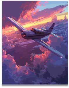 a painting of an airplane flying in the sky with clouds and sun shining behind it