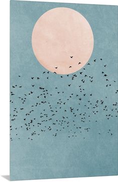 a flock of birds flying in front of the sun with a blue sky behind it